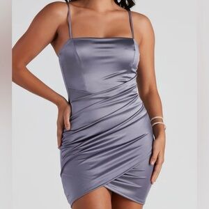WINDSOR Lavender Satin Ruched Spaghetti Strap Mini Dress—SZ. Medium